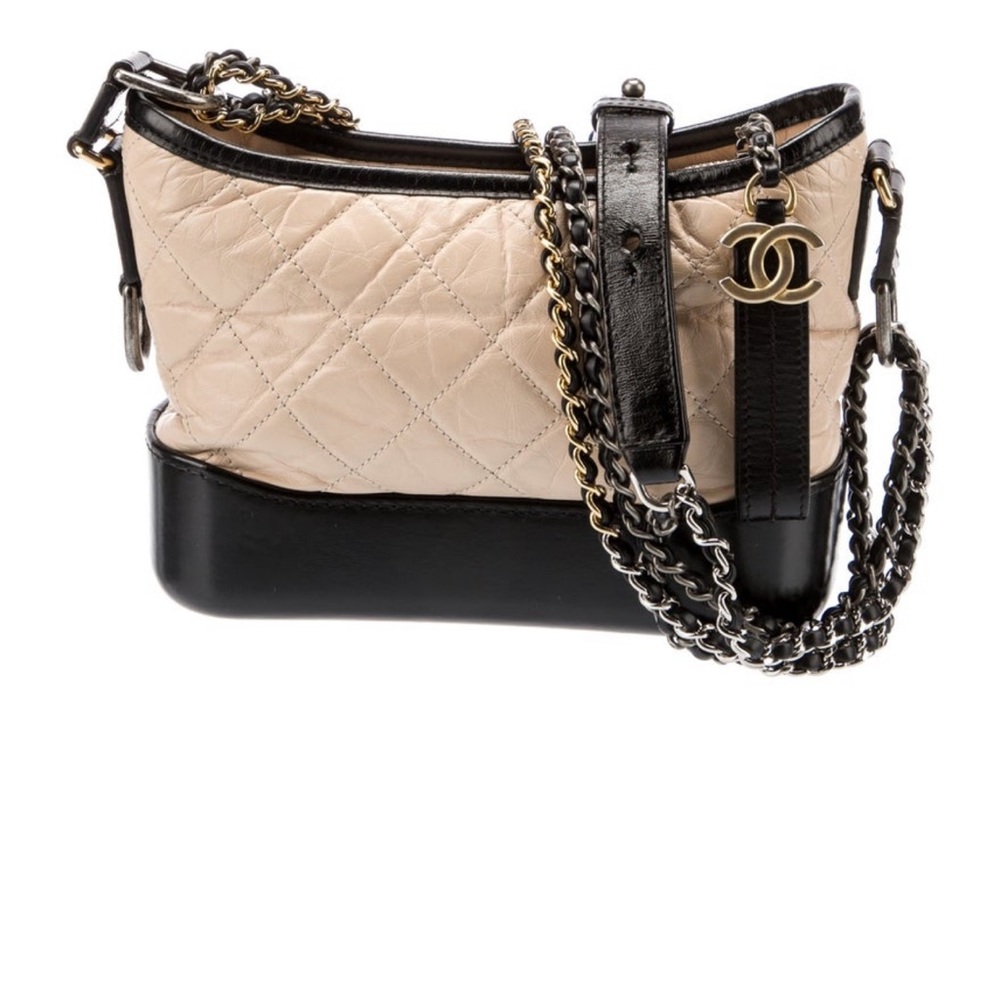 CHANEL Gabrielle Shoulder Bag Small Beige/Black Leather